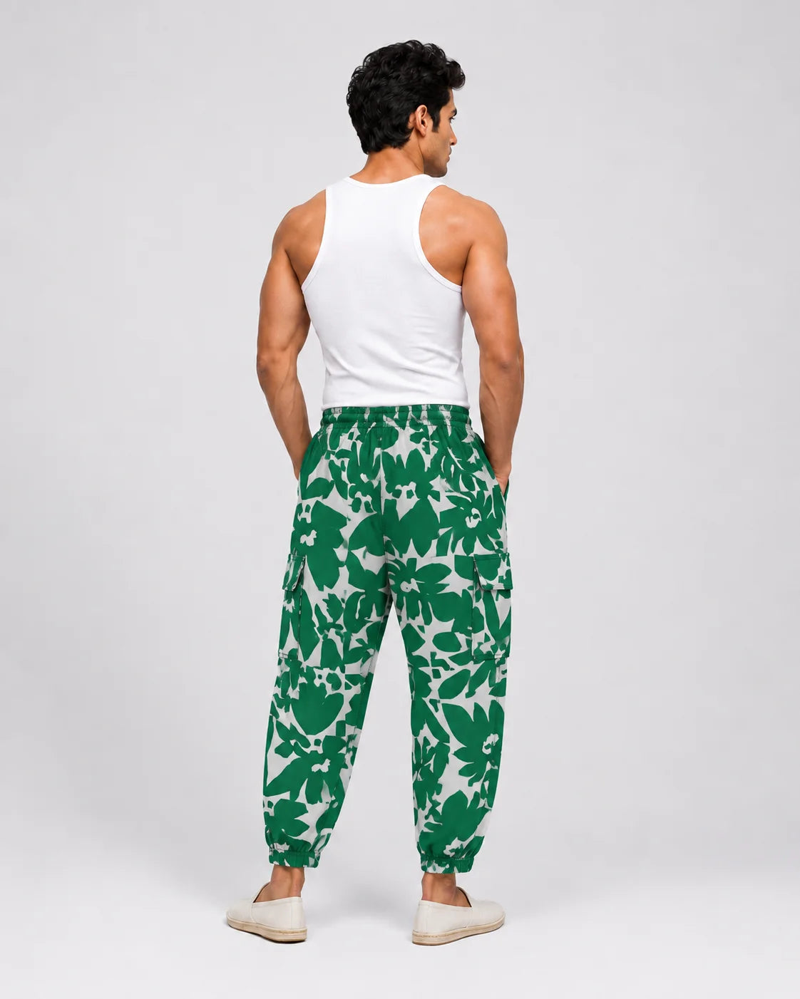 OYSTERS DRAPED UTILITY WHITE GREEN PRINTED PANTS FOR MEN