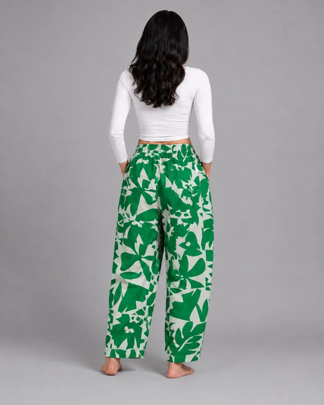 OYSTERS BALLOON-CUT RELAXED FIT WHITE GREEN PRINTED COTTON PANTS FOR WOMEN
