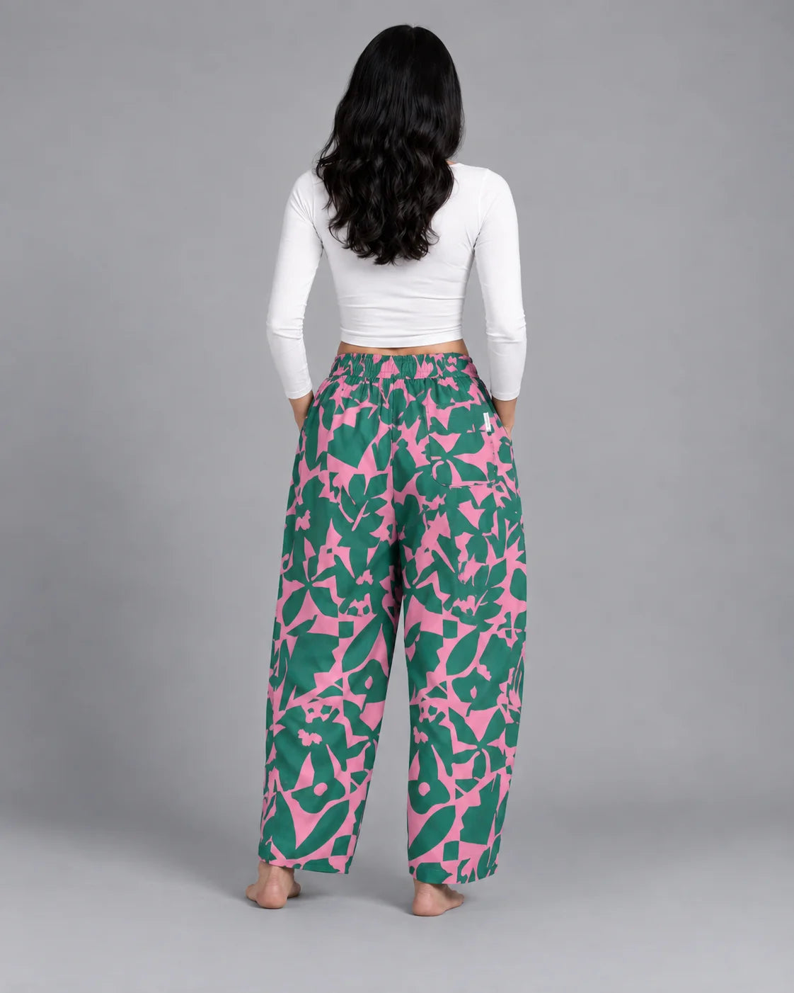 OYSTERS BALLOON-CUT RELAXED FIT PINK GREEN PRINTED COTTON PANTS FOR WOMEN