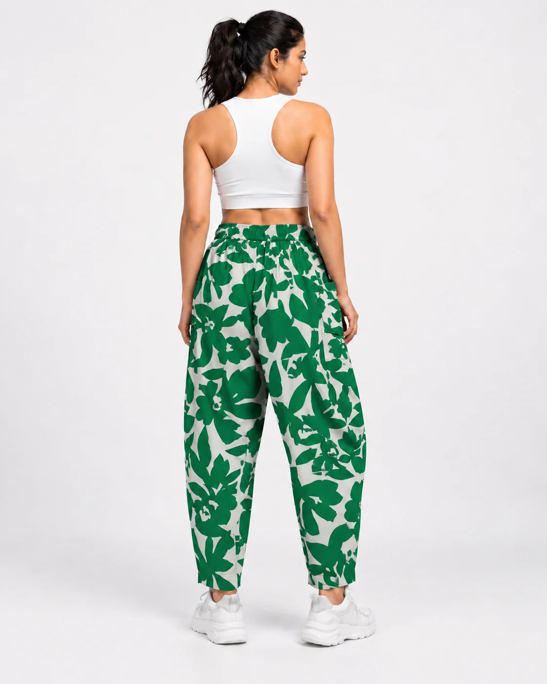 OYSTERS DRAPED UTILITY WHITE GREEN PRINTED PANTS FOR WOMEN