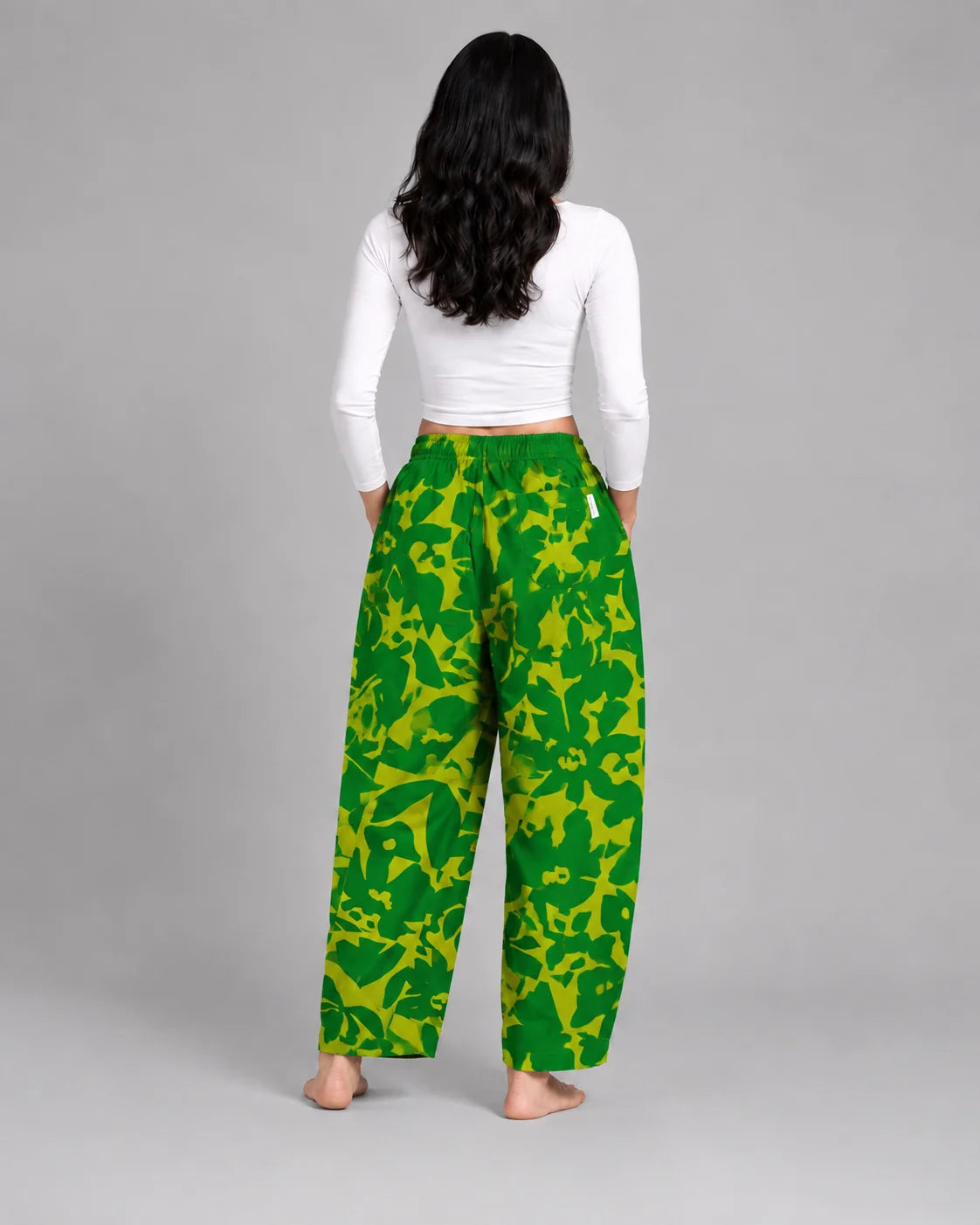 OYSTERS BALLOON-CUT RELAXED FIT YELLOW GREEN PRINTED COTTON PANTS FOR WOMEN