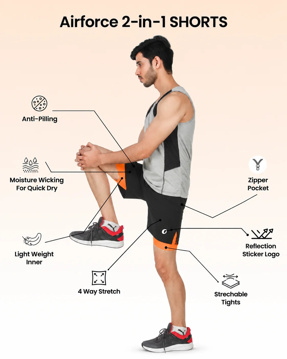 OYSTERS MEN'S 2 IN 1 ORANGE  BLACK SHORTS