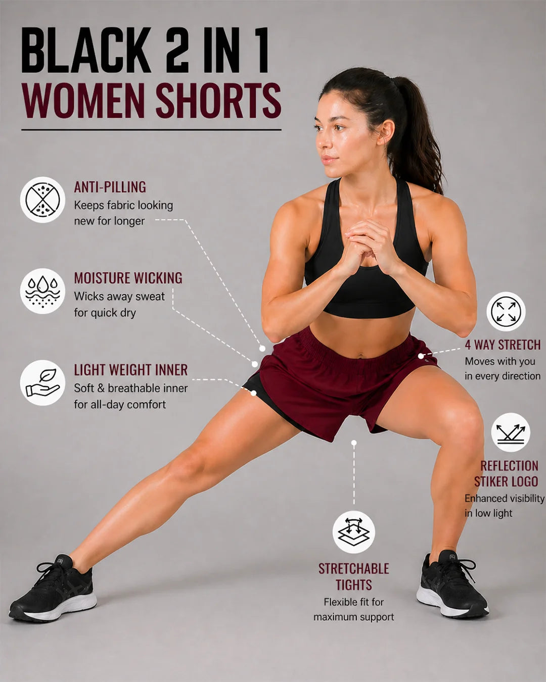 OYSTERS WOMEN'S 2 IN 1 RUNNING MAROON SKIRT SHORTS