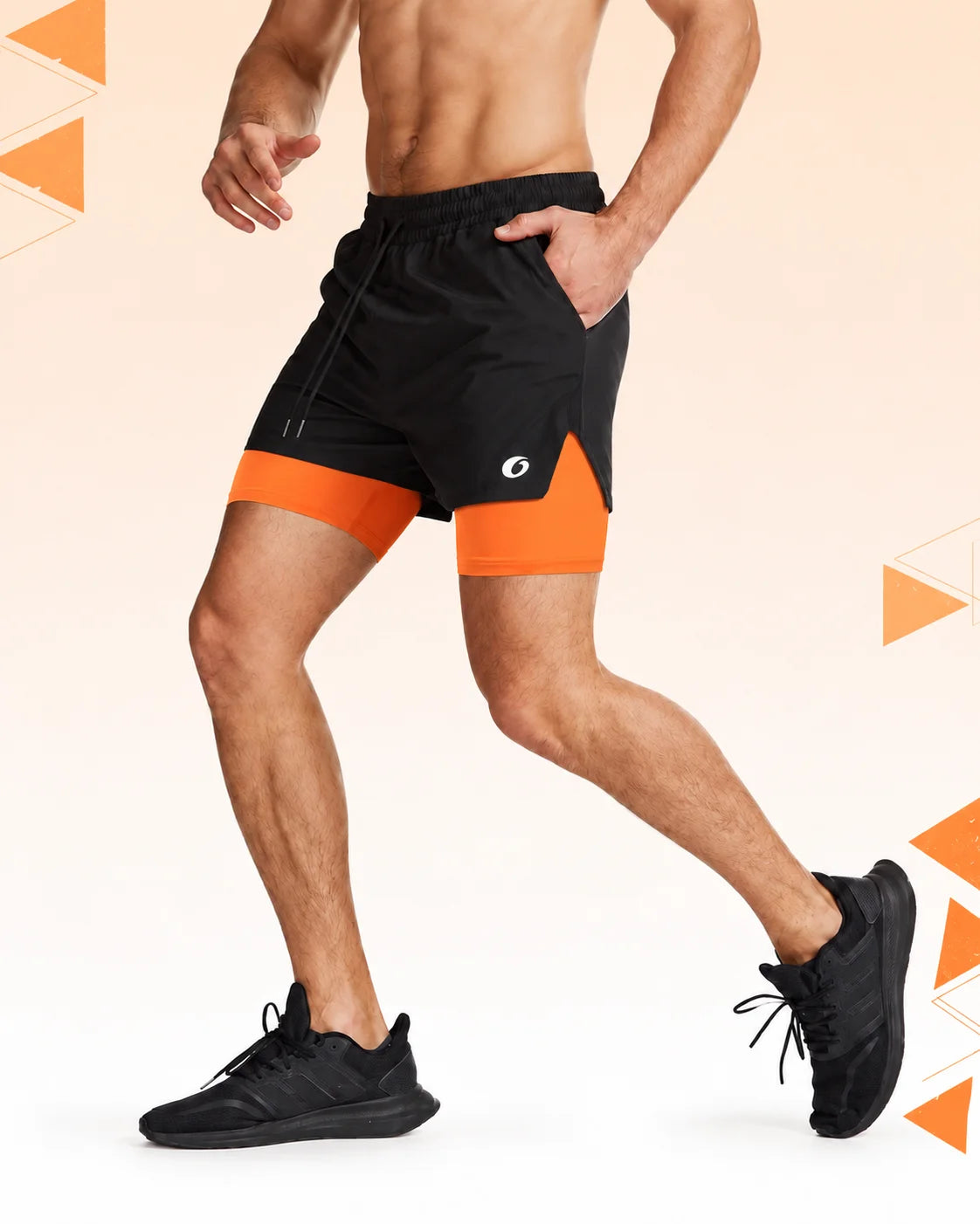 OYSTERS MEN'S 2 IN 1 ORANGE  BLACK SHORTS
