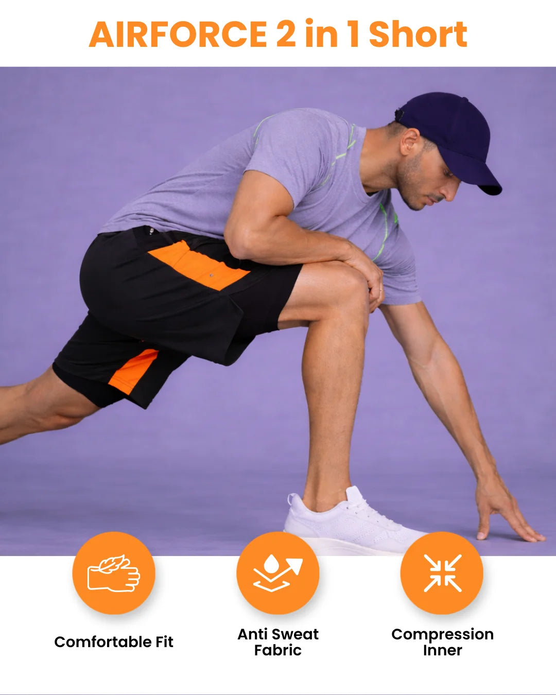 OYSTERS MEN'S 2 IN 1 BLACK ORANGE SHORTS