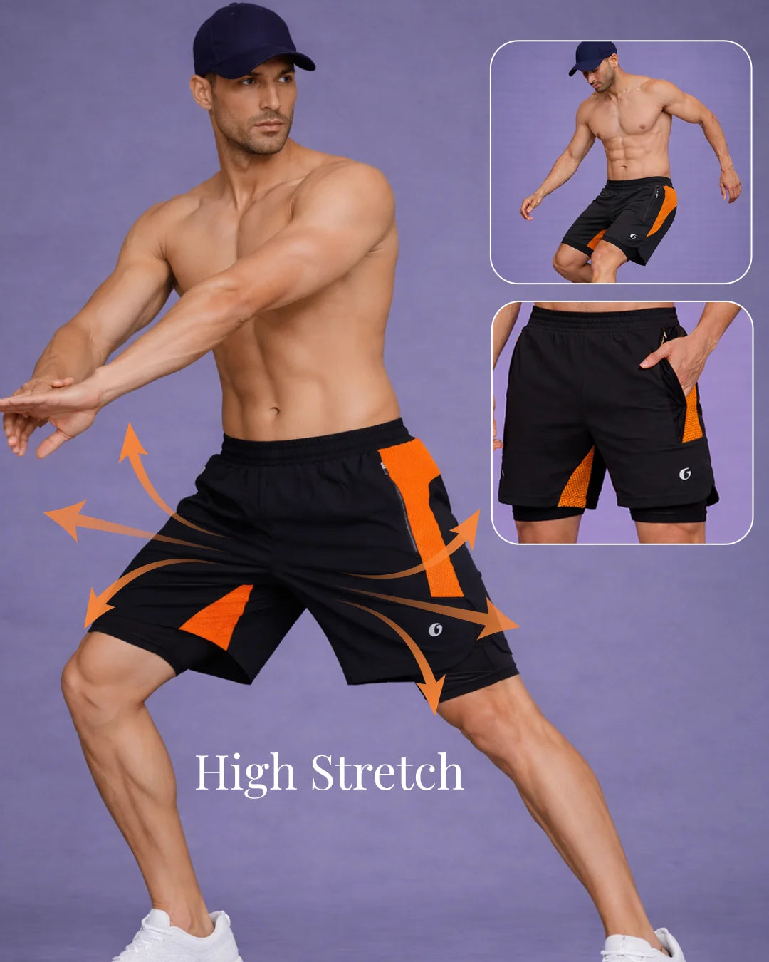 OYSTERS MEN'S 2 IN 1 BLACK ORANGE SHORTS