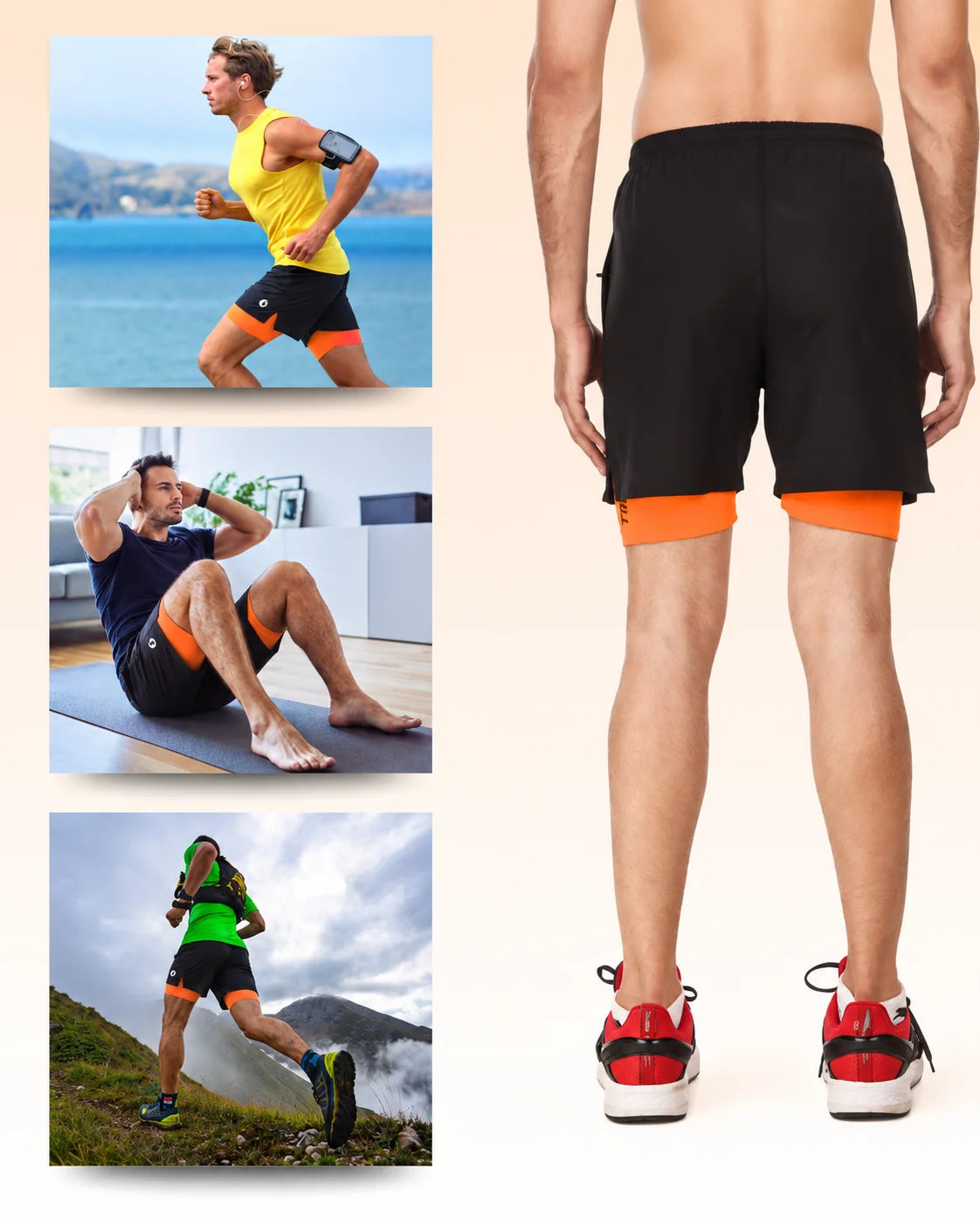 OYSTERS MEN'S 2 IN 1 ORANGE  BLACK SHORTS