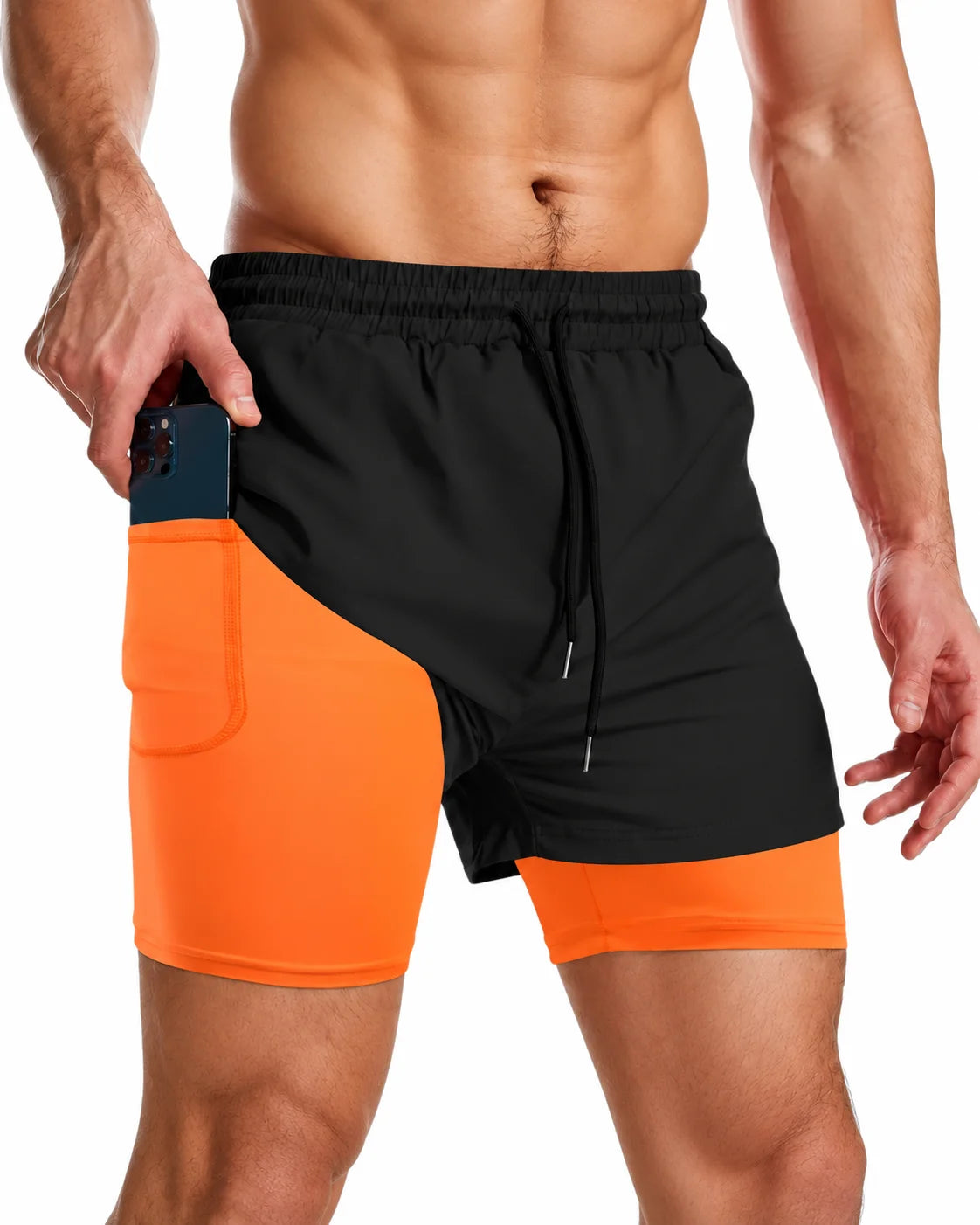 OYSTERS MEN'S 2 IN 1 ORANGE  BLACK SHORTS