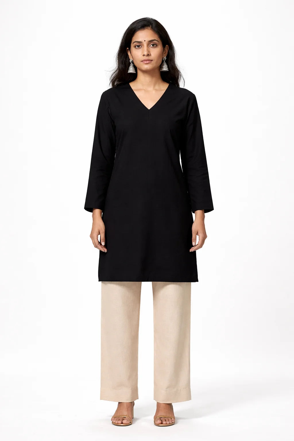Black V-Neck Straight Kurti