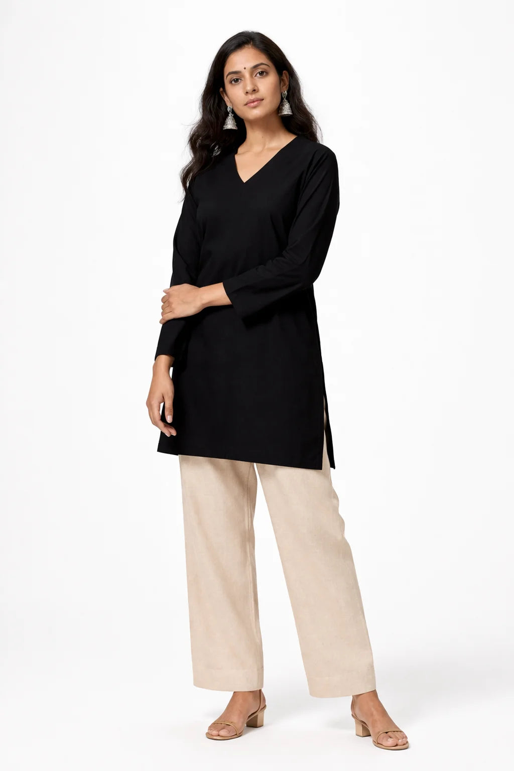 Black V-Neck Straight Kurti