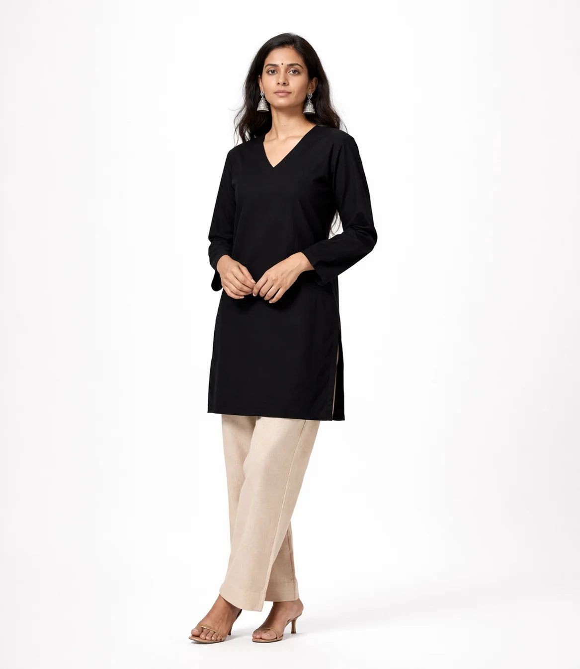 Black V-Neck Straight Kurti