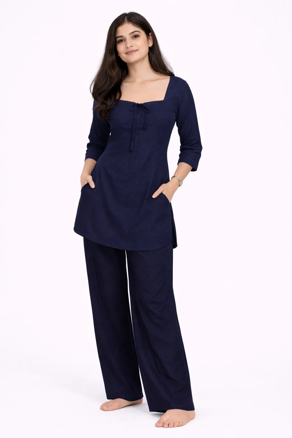 Navy Blue Square Neck Tie-Detail Kurti