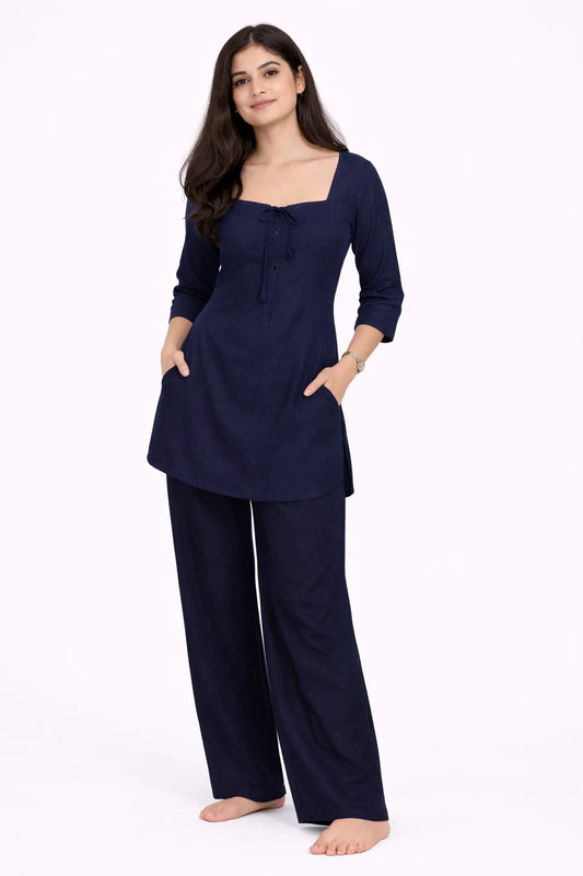 Navy Blue Square Neck Tie-Detail Kurti