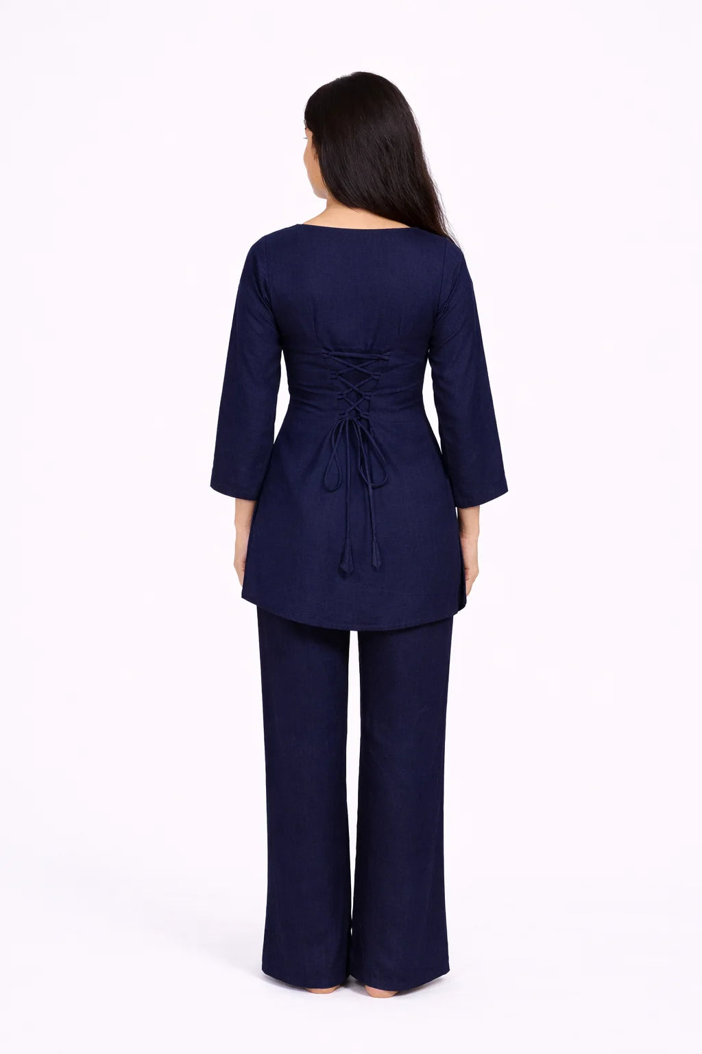 Navy Blue Square Neck Tie-Detail Kurti