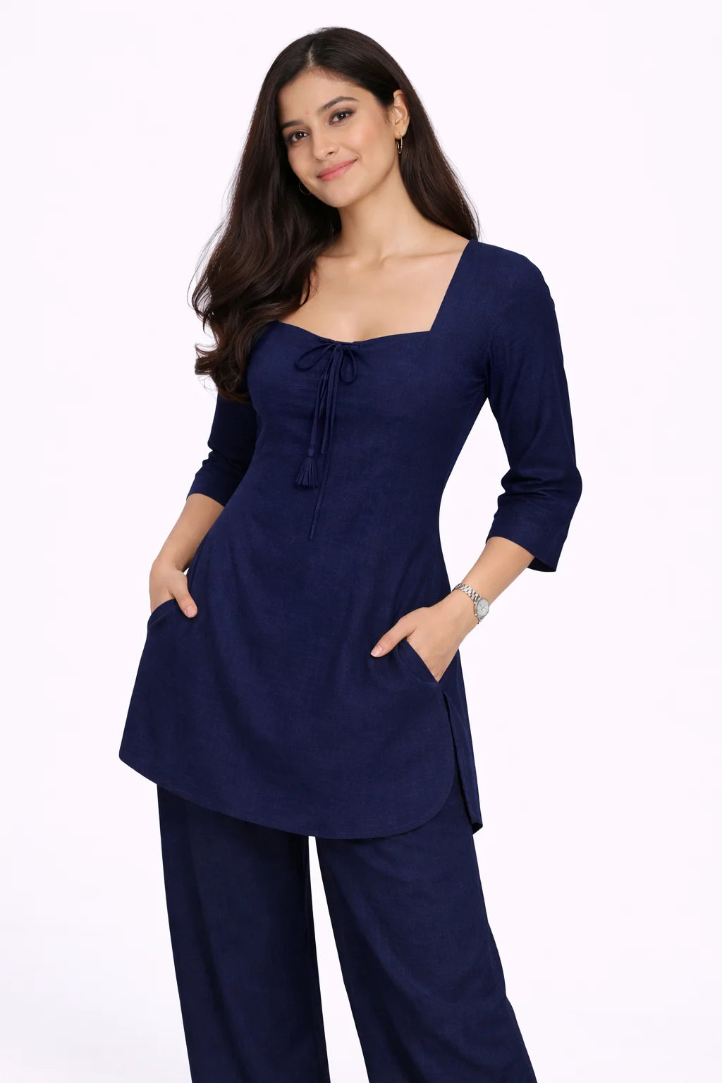 Navy Blue Square Neck Tie-Detail Kurti