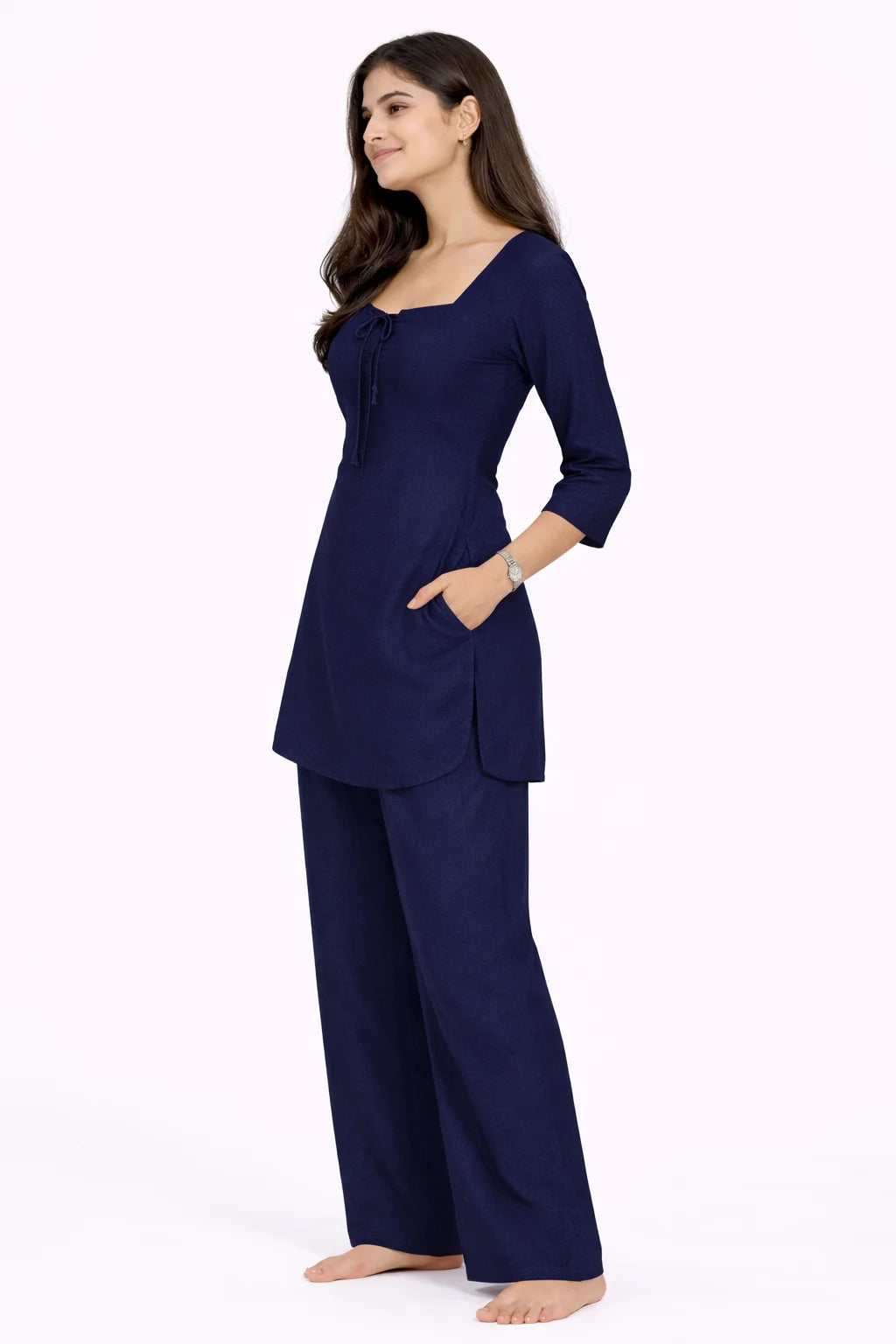 Navy Blue Square Neck Tie-Detail Kurti