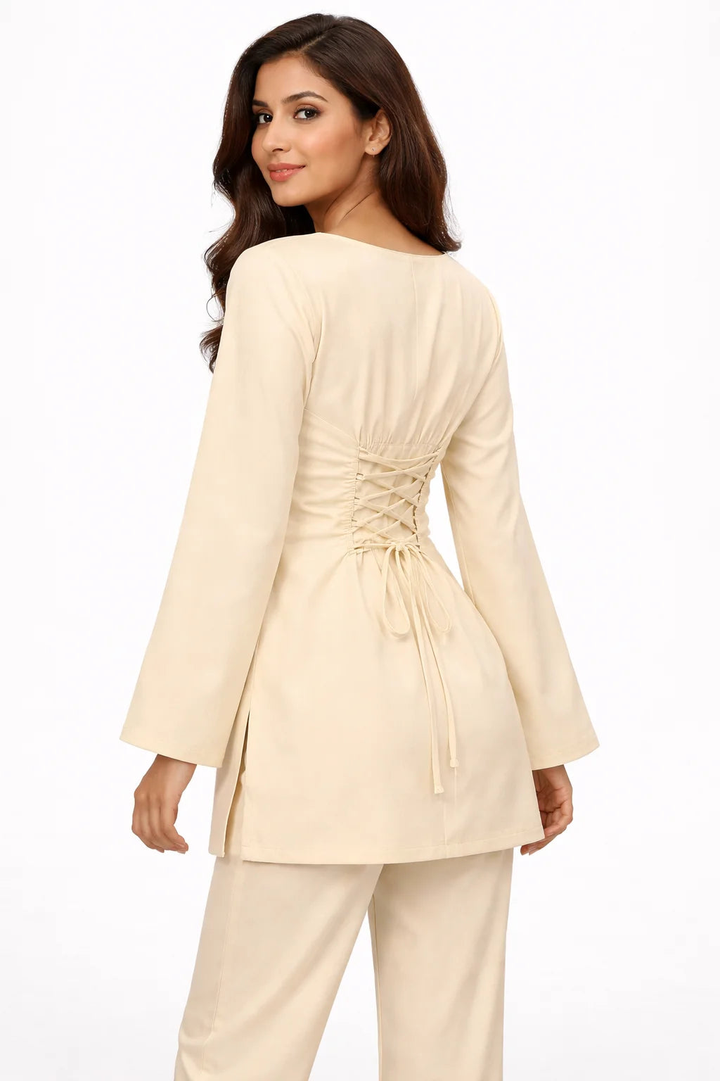 Beige Back Lace-Up Straight Kurti