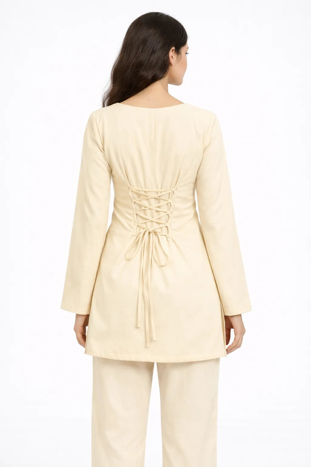 Beige Back Lace-Up Straight Kurti