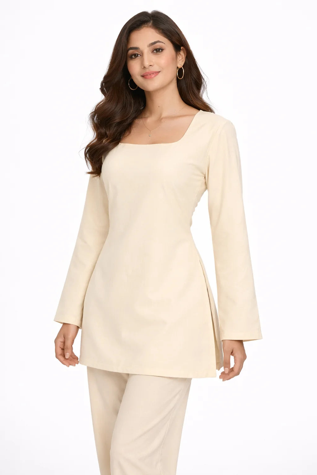 Beige Back Lace-Up Straight Kurti