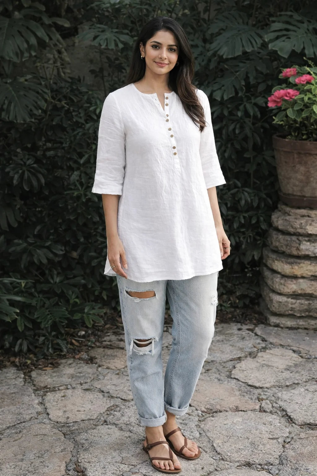 Classic White Button-Detail Linen Kurta