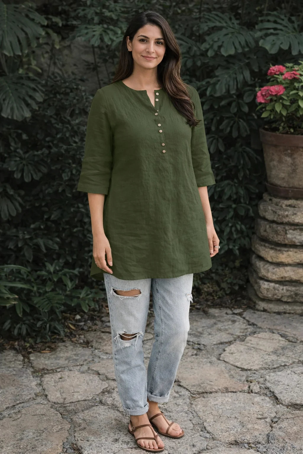 Olive Green Button-Down Linen Tunic