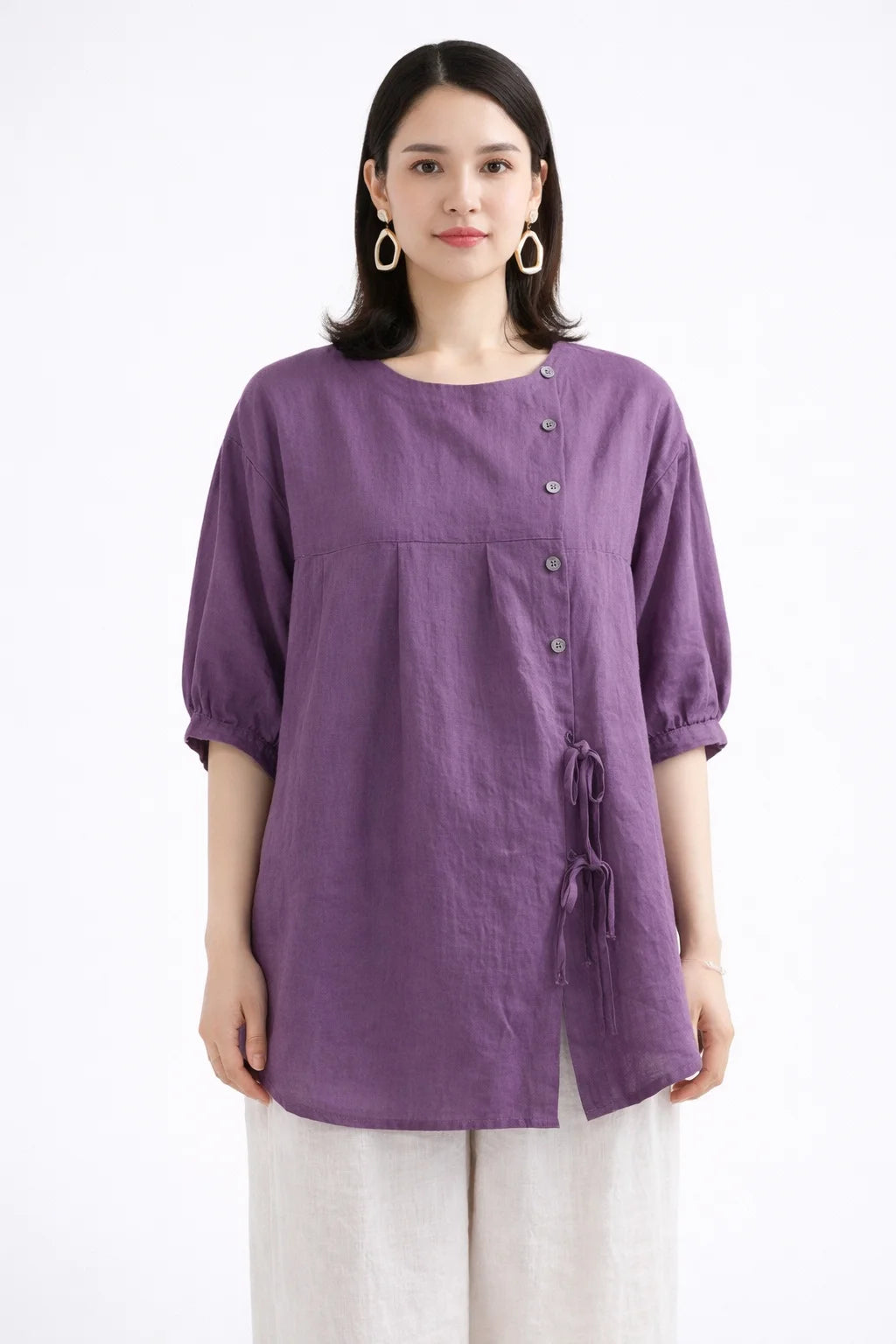 Elegant Plum Purple Asymmetrical Button Top