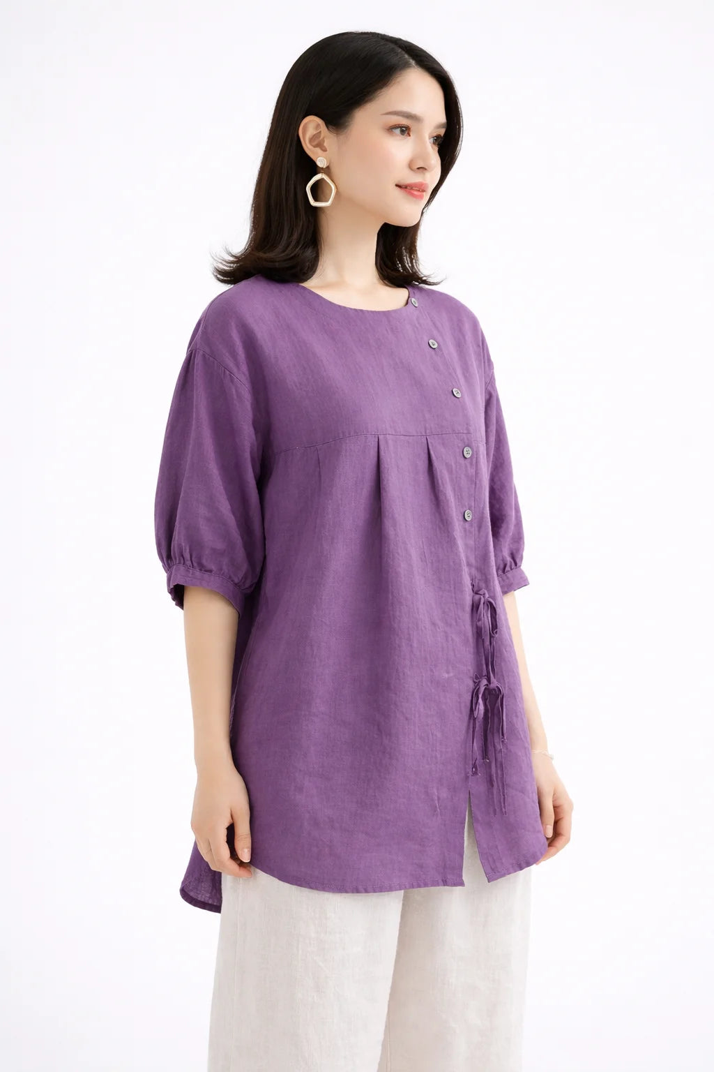 Elegant Plum Purple Asymmetrical Button Top