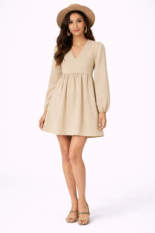 Elegant Beige Gathered Mini Dress