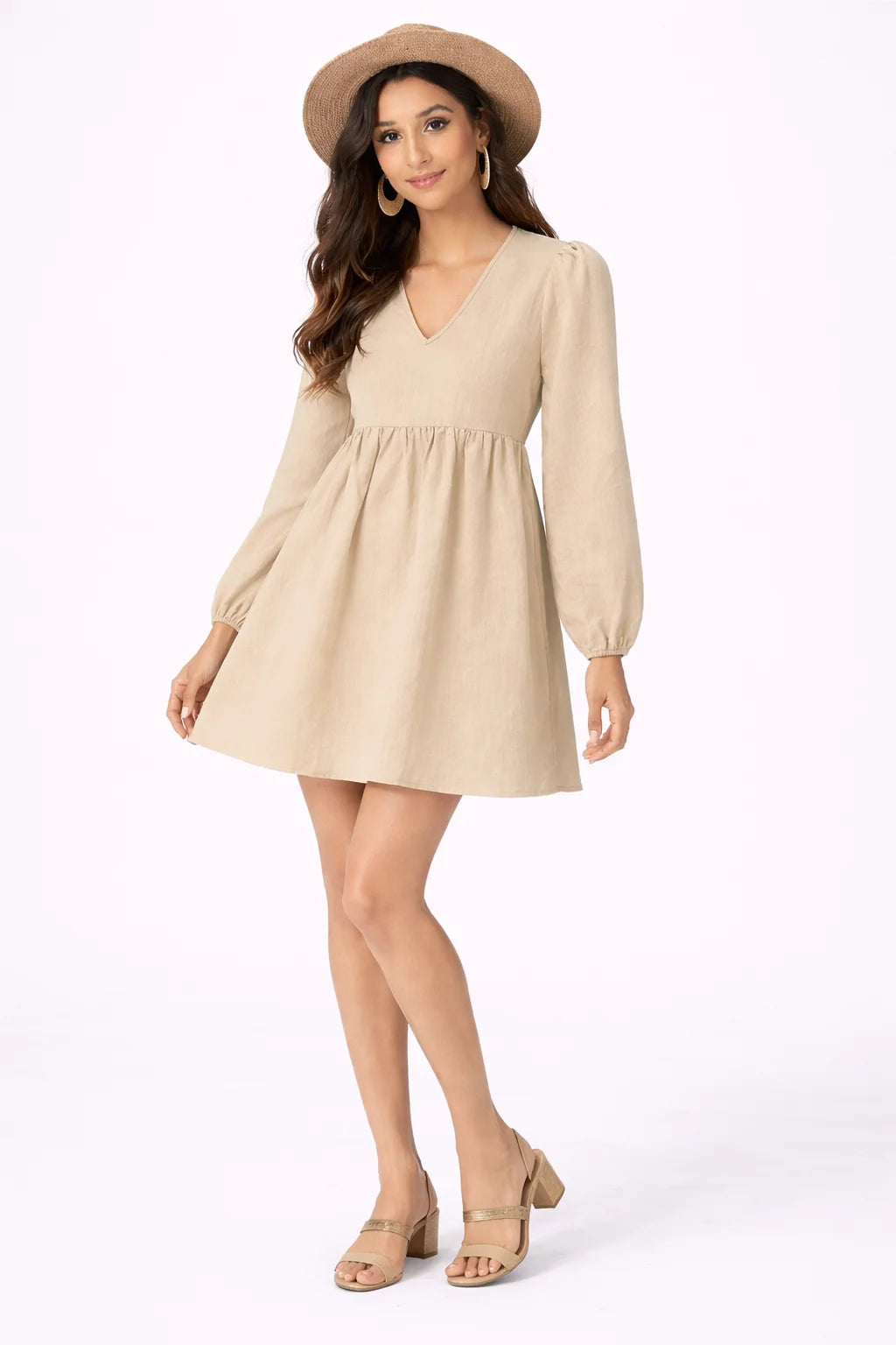 Elegant Beige Gathered Mini Dress
