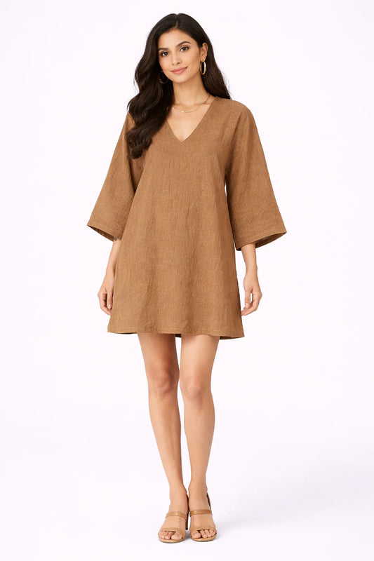 Elegant Coffee Brown V-Neck Mini Dress