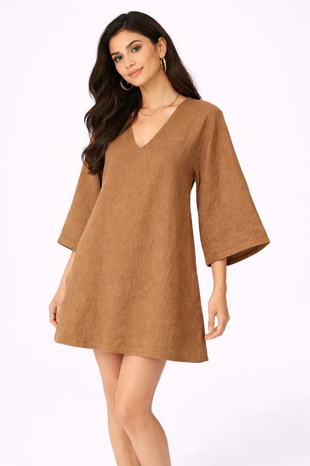 Elegant Coffee Brown V-Neck Mini Dress