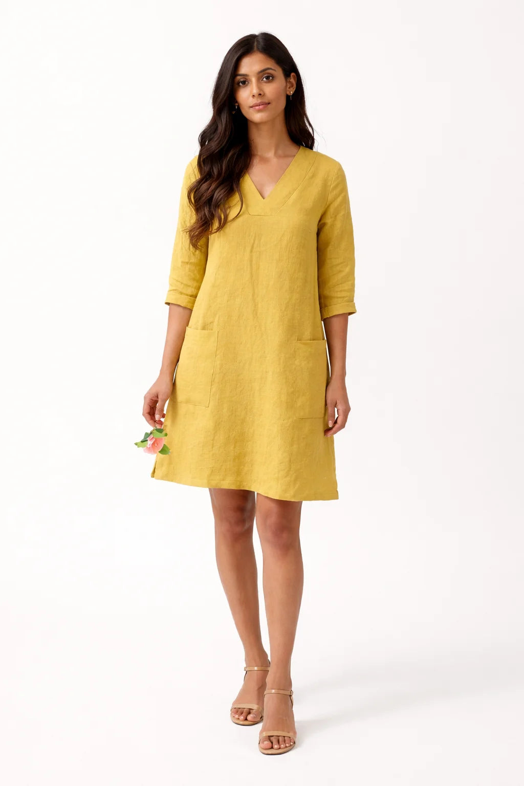 Elegant Mustard Yellow V-Neck Pocket Dress