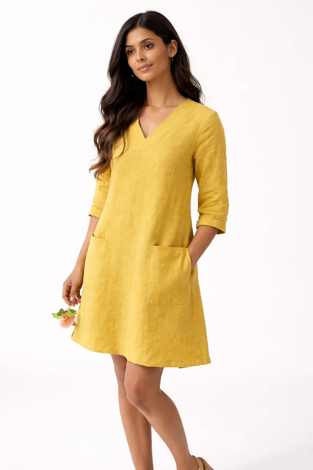 Elegant Mustard Yellow V-Neck Pocket Dress