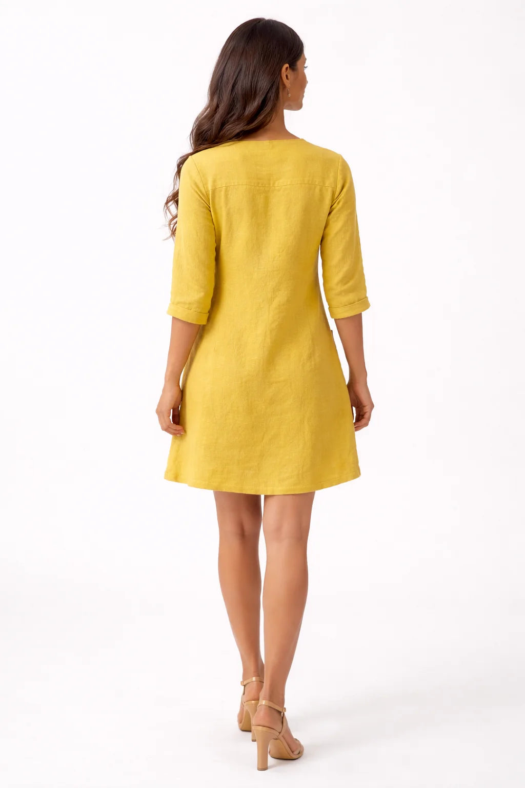 Elegant Mustard Yellow V-Neck Pocket Dress