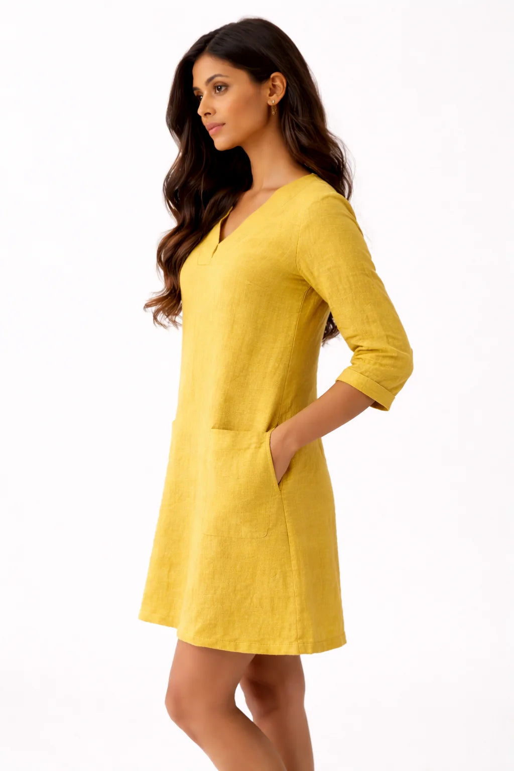 Elegant Mustard Yellow V-Neck Pocket Dress