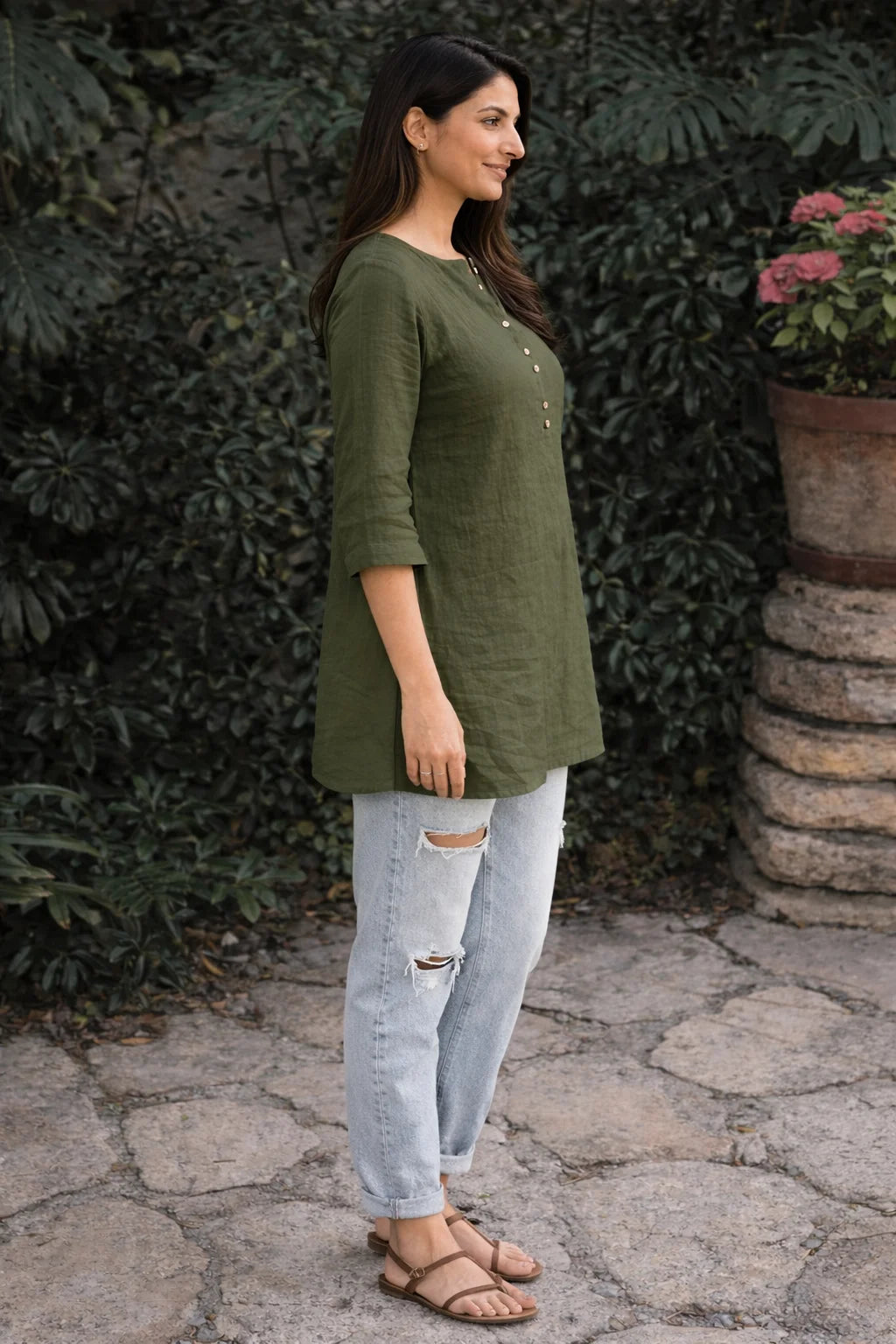 Olive Green Button-Down Linen Tunic