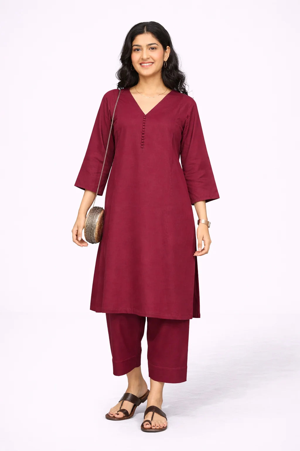 Maroon V-Neck Button Detail Kurta Set