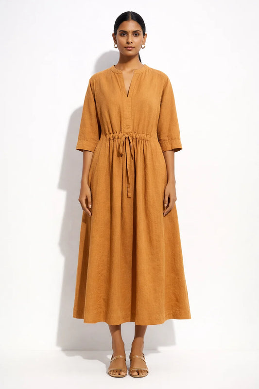 Elegant Mustard Yellow Tie-Waist Dress