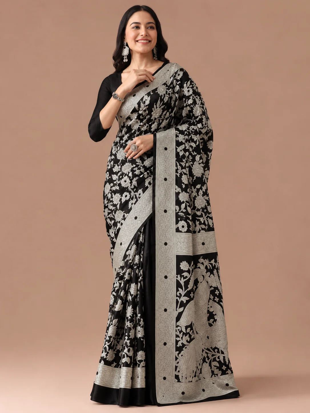 THE SAREE PROJECT WHITE BLACK FLORAL PRINT