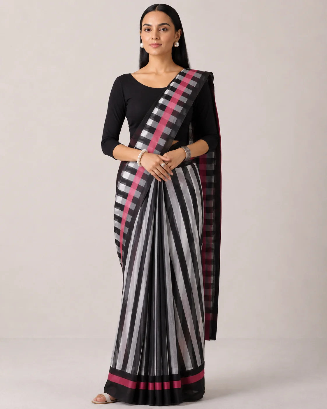 THE SAREE PROJECT WHITE BLACK STRIPE PRINT