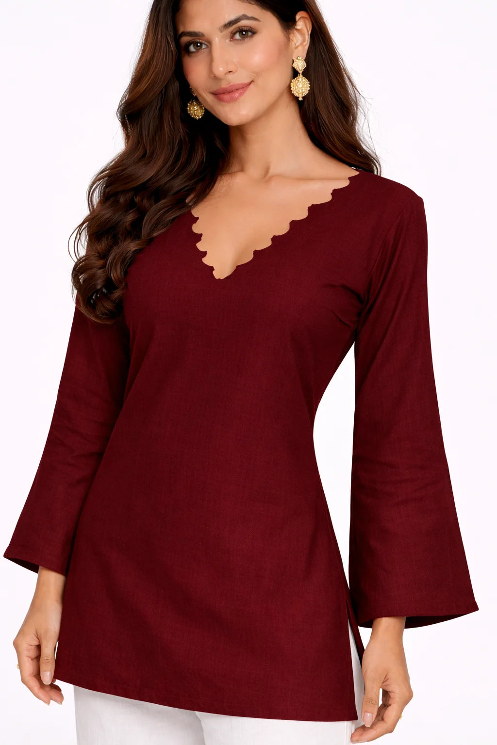 Maroon Scalloped Neck Kurti
