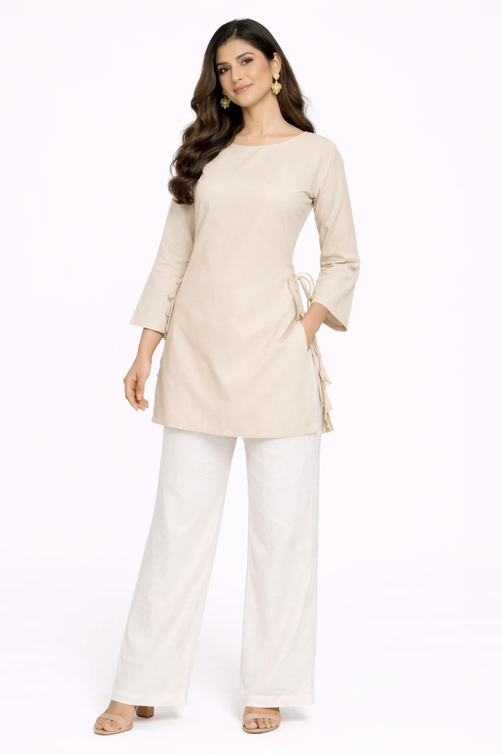 Beige Side Tie Detail Kurti