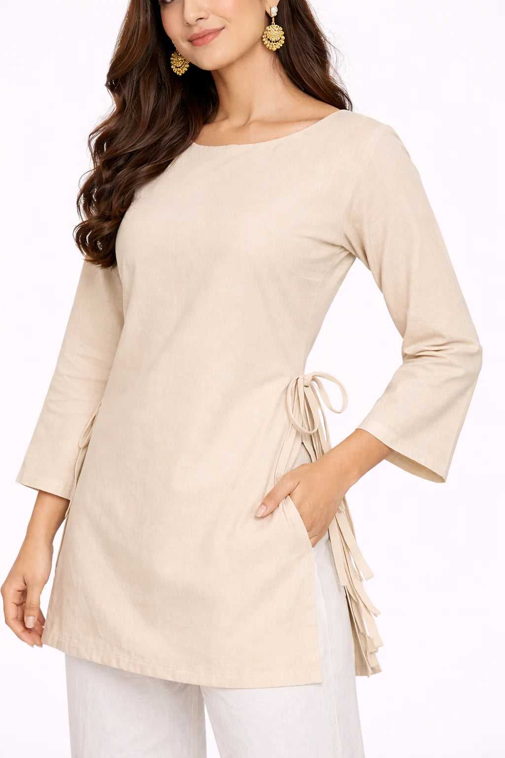 Beige Side Tie Detail Kurti