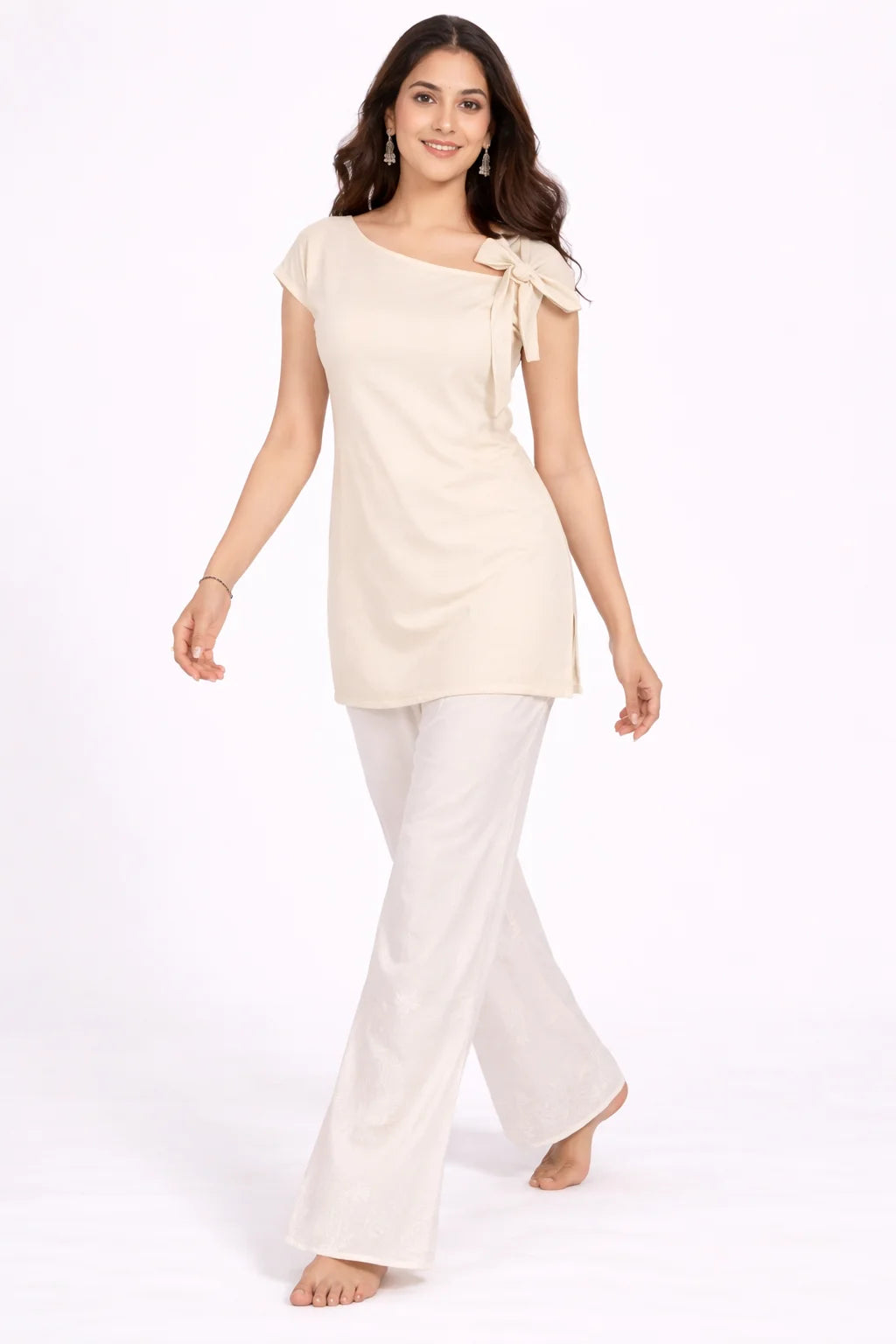 Beige Lace Sleeve Tie-Detail Kurti