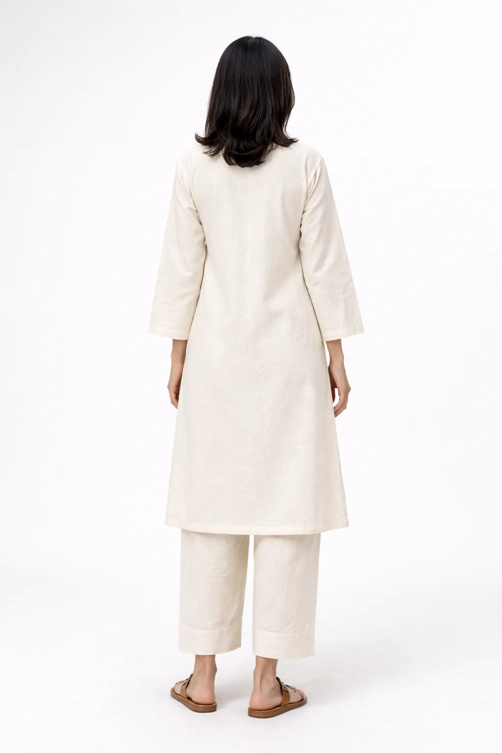 Beige V-Neck Button Detail Kurta Set