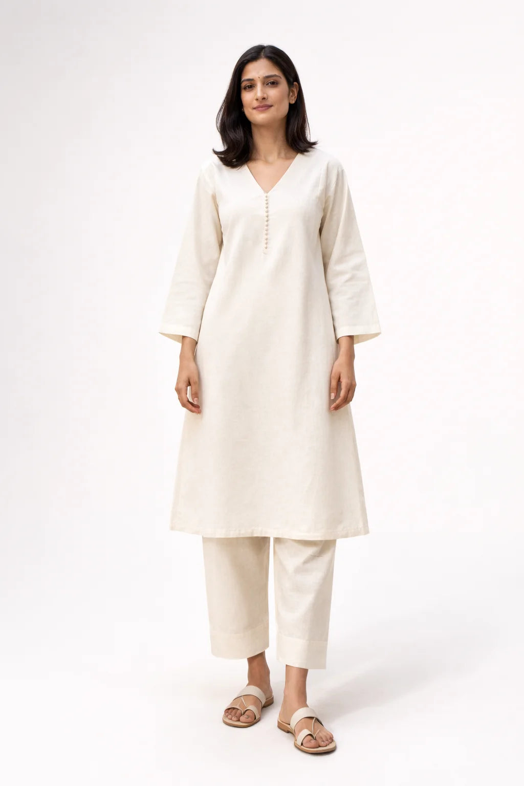 Beige V-Neck Button Detail Kurta Set