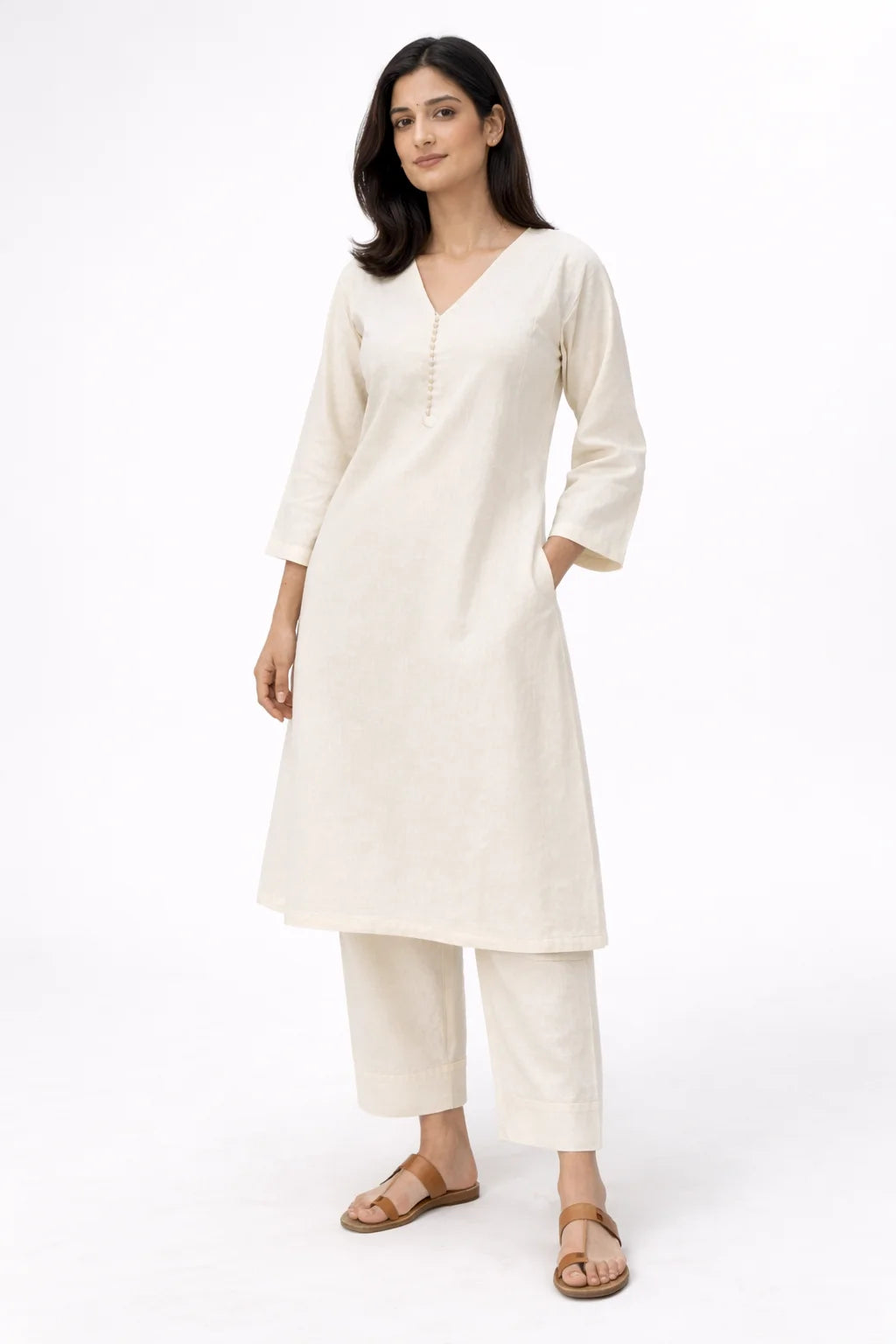 Beige V-Neck Button Detail Kurta Set