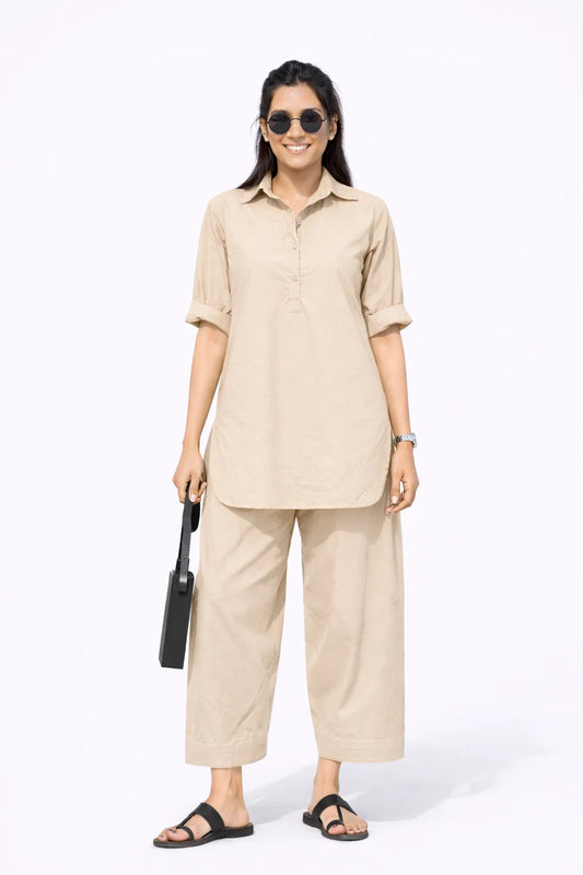 Beige Collared Kurta Co-Ord Set