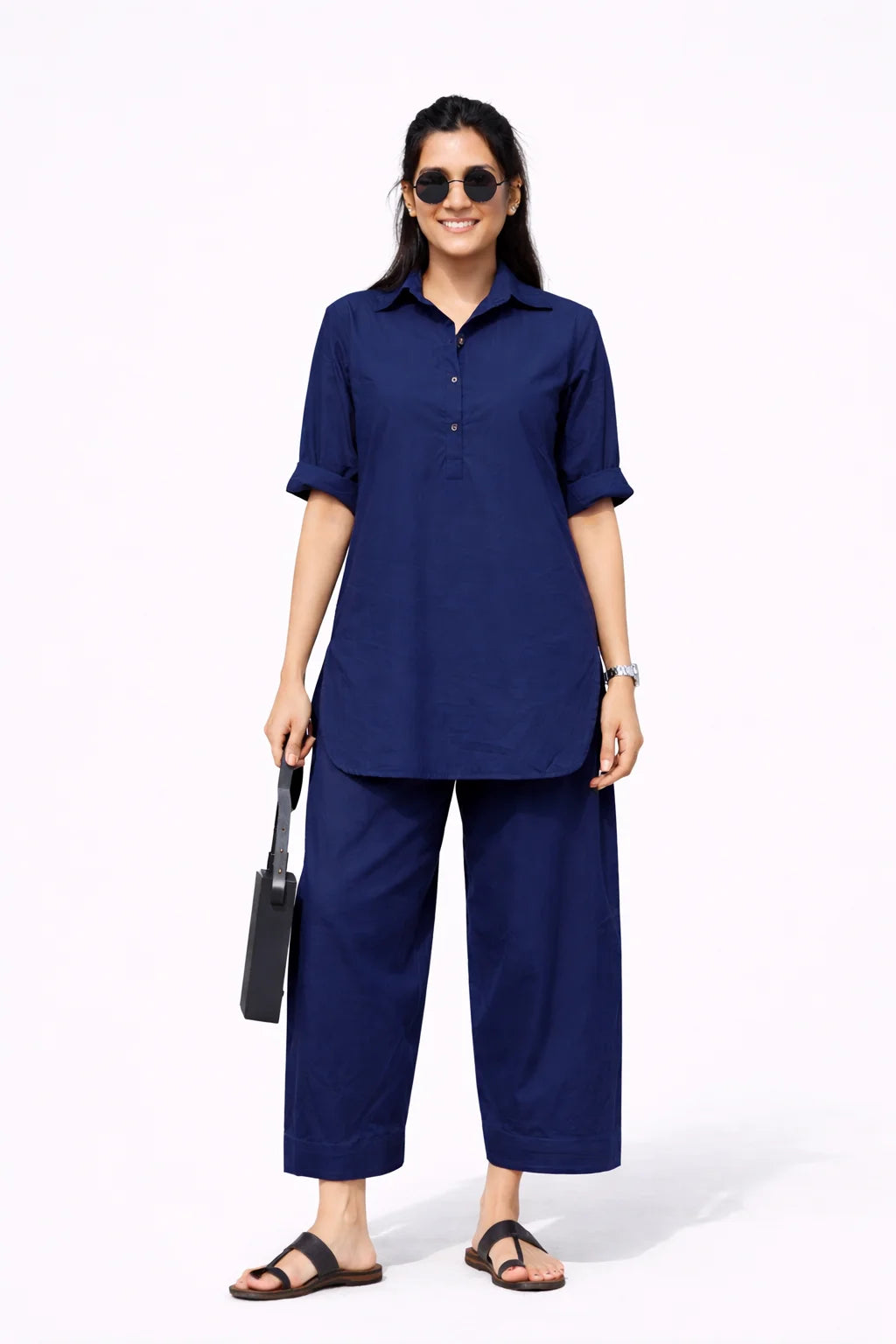 Navy blue Collared Kurta Co-Ord Set