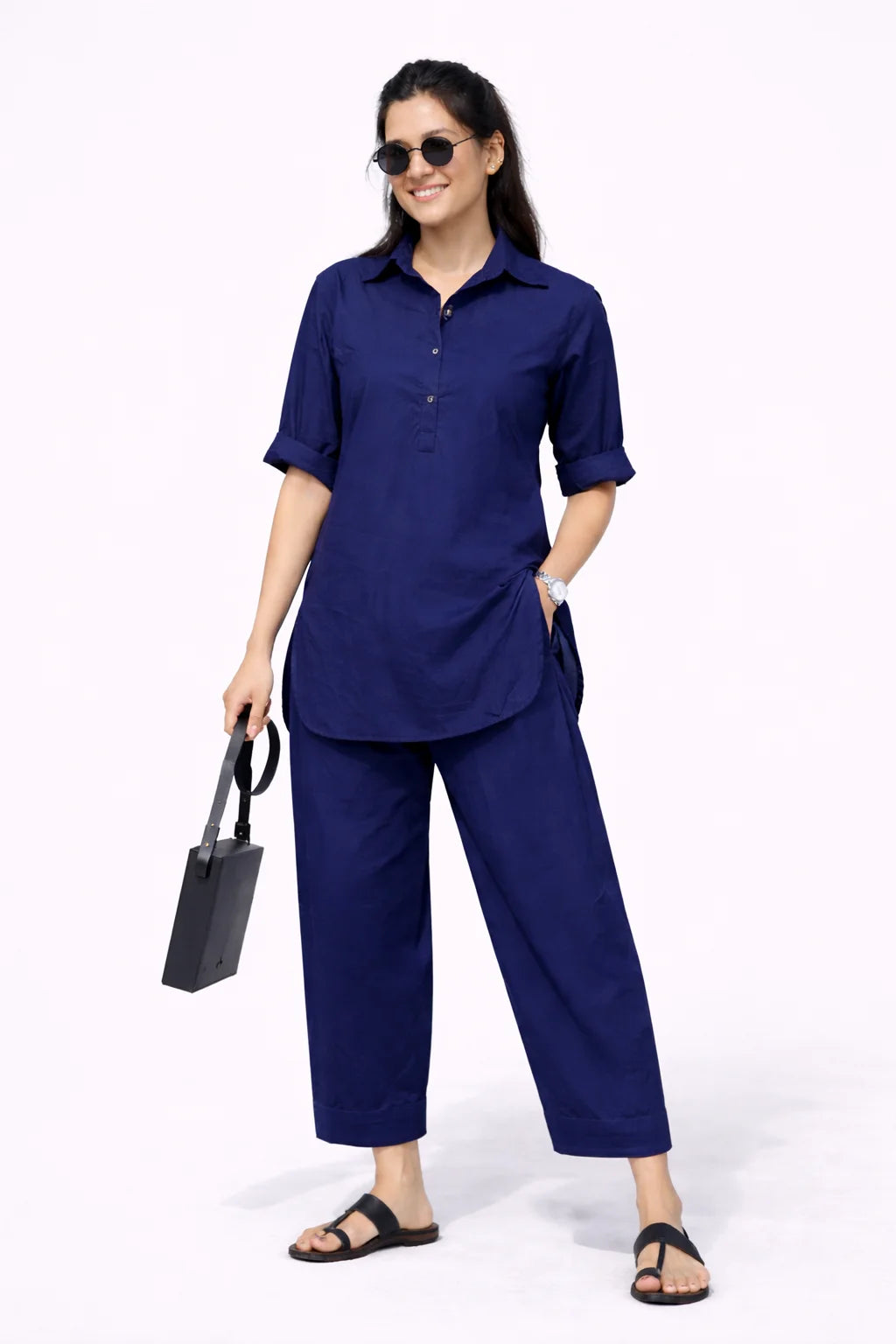 Navy blue Collared Kurta Co-Ord Set